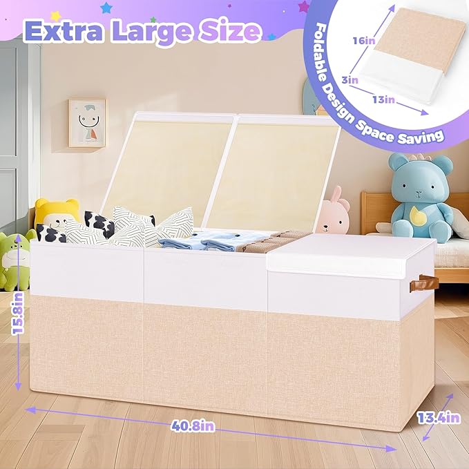 Extra Large Toy Storage Box with Lid, Collapsible Sturdy Toy Chest Storage Organizer Bin Basket with Divider for Kids, Boys, Girls, Closet, Playroom, Bedroom, Nursery, 40"X14"X16", Beige & White