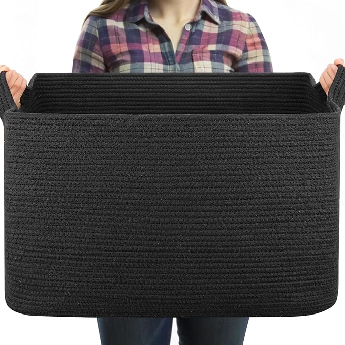 95L Large Blanket Basket, Black Blanket Storage Living Room, Rectangle Woven Baskets for Storage Toys, Towels, Dirty Clothes Organizer Bins (Black)
