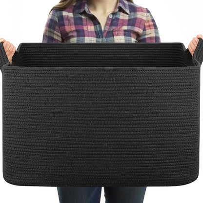 95L Large Blanket Basket, Black Blanket Storage Living Room, Rectangle Woven Baskets for Storage Toys, Towels, Dirty Clothes Organizer Bins (Black)