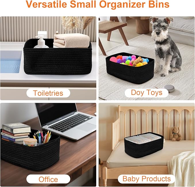 Small Storage Baskets for Organizing, Woven Storage Bins for Shelves, Gift Basket Empty, Cute Decorative Closet Organizer, Baby Rope Basket, Dog Toy Storage, 12.6x8.2x5”, 3Packs Black
