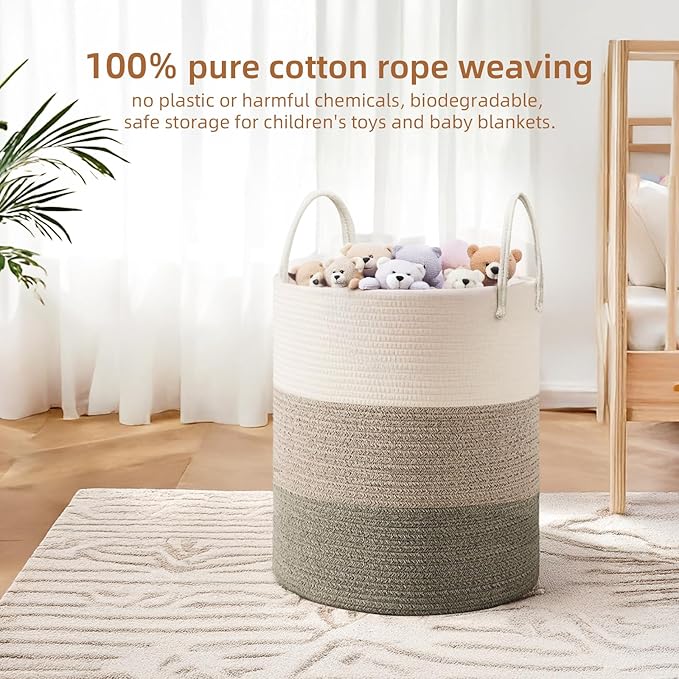 Cotton Rope Basket,Large Blanket Basket for Living Room,Woven cotton rope laundry baskets，For Bathroom Dirty Clothes ，Nursery Toys，pillow storage organization, 80L,Brown and white.