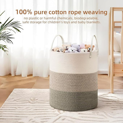 Cotton Rope Basket,Large Blanket Basket for Living Room,Woven cotton rope laundry baskets，For Bathroom Dirty Clothes ，Nursery Toys，pillow storage organization, 80L,Brown and white.