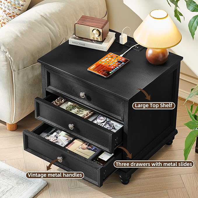 Joaxswe Farmhouse Nightstand Set of 2 with Charging Station, 24" Wide End Table with 3 Drawers,Dresser for Bedroom,Bed Side Table Chest of Drawers Cabinet,Wood Black Night Stand for Living Room