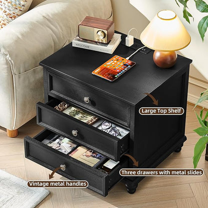 Joaxswe Farmhouse Nightstand Set of 2 with Charging Station, 24" Wide End Table with 3 Drawers,Dresser for Bedroom,Bed Side Table Chest of Drawers Cabinet,Wood Black Night Stand for Living Room