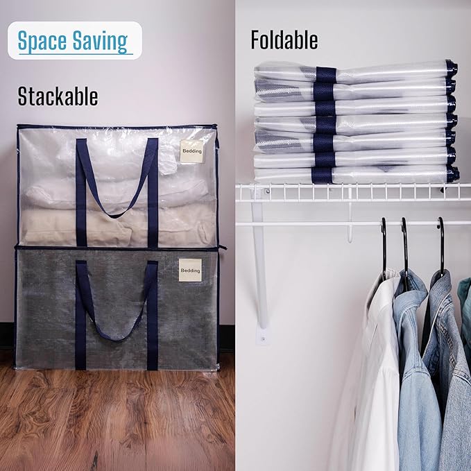 VENO 2 Pack Moving Bags and Large Christmas Storage Bins with lids. Alternative to Moving Boxes, Packing Supplies for College. Extra Large Heavy Duty Totes for Packaging (Clear, 2 Pack)