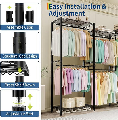 Portable Clothes Rack Heavy Duty Garment Rack, Large Freestanding Closet Wardrobe with Adjustable Shelves & 5 Hanging Rods, Closet Organizer and Storage for Bedroom Cloakroom, 76.5"H x 67.6"L x 15.5"W