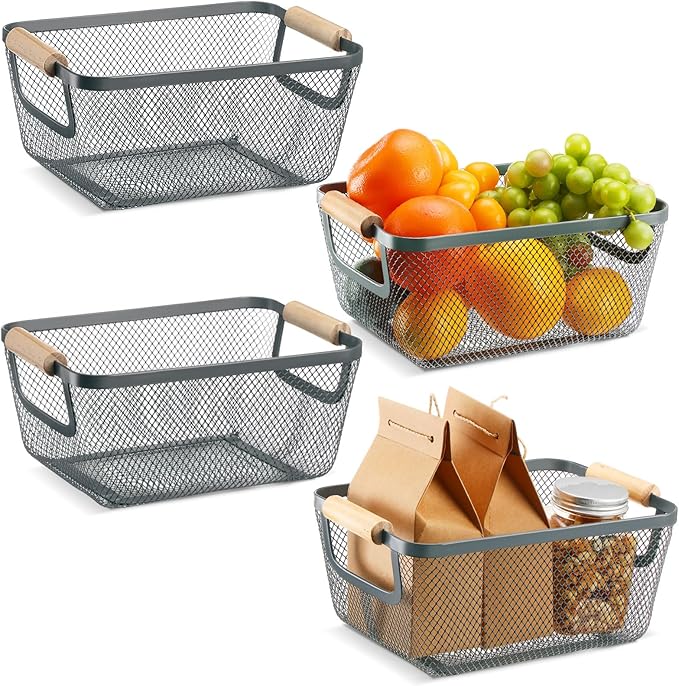 4 Pcs Metal Wire Basket with Wooden Handles Mesh Steel Storage Organizer Bin Containers for Home Organizing Cabinet Pantry Closet Kitchen Fridge Fruit Makeup Snacks Gifts(Small,Dark Gray)