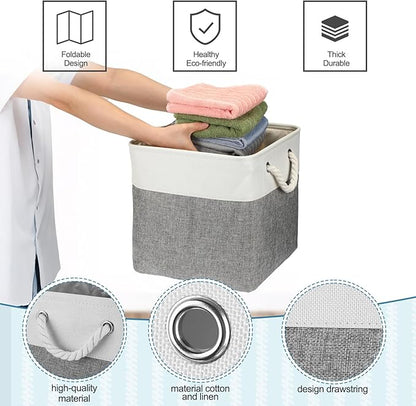 meekoo 8 Pack Collapsible Storage Bins Fabric Storage Bins Polyester Fabric Baskets with Handles Linen Closet Organizer for Shelf Home Closet Towels Toys(12 x 12 x 12 in,Gray White)