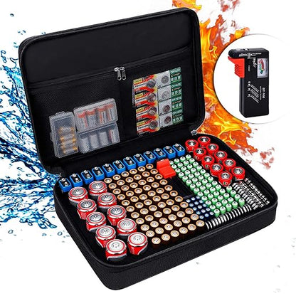 ENGPOW Battery Organizer, Fireproof Battery Organizer Storage Case with Tester (BT168),Water-Resistant Explosionproof Battery Holder Box with Cover and Zipper, Holds 220+ AA AAA C D 9V Batteries