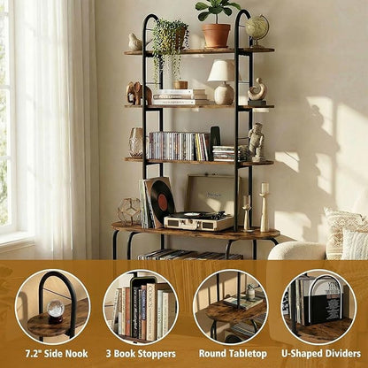 5-Tier CD Storage Rack, Record Player Stand with Storage, DVD Organizer Shelf with Adjustable Book Stoppers, Media Storage Rack for CD/DVD, Books, Games, for Living Room, Bedroom, Home Office, Rustic