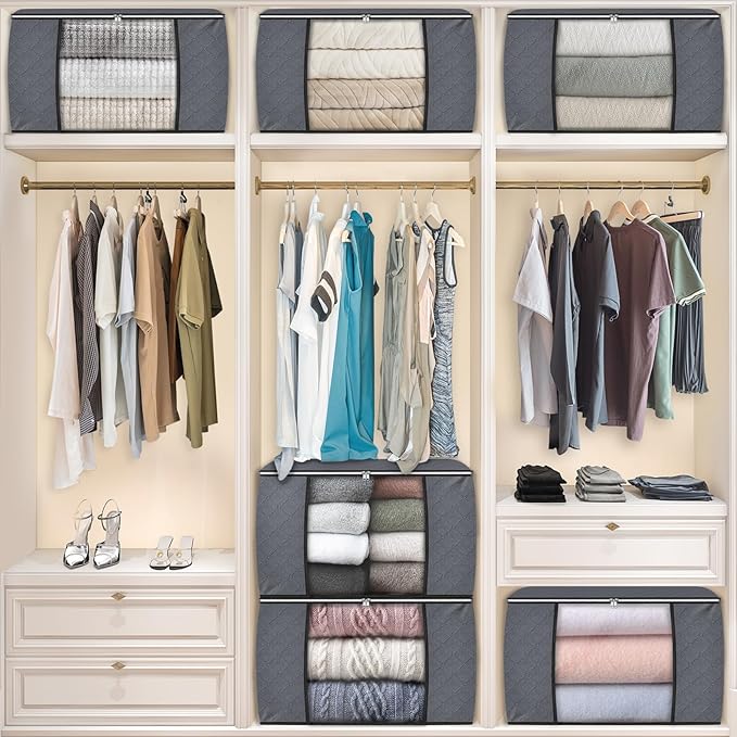 Fab totes 24 Gallons Clothes Storage, Foldable Thick Fabric Blanket Storage Bags, Containers for Organizing Bedroom, Closet, Clothing, Comforter, Organization with Handle (10 Pack,Grey)