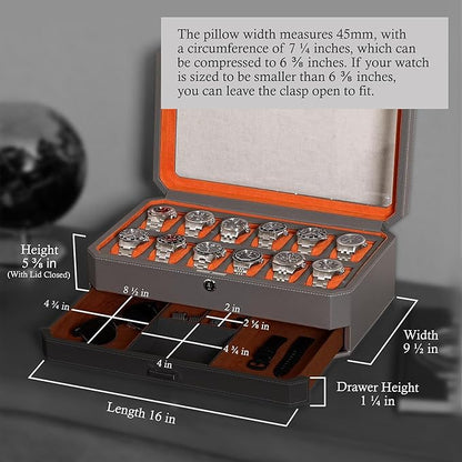 ROTHWELL 12 Slot Leather Watch Box with Valet Drawer - 12 Slot Luxury Watch Case Display Organizer, Microsuede Liner, Mens Accessories Holder, Jewelry Case, Jewelry Display Organizer (Grey/Orange)
