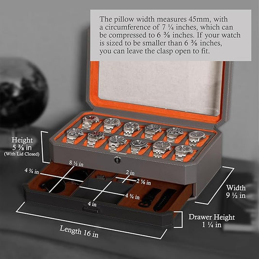 ROTHWELL 12 Slot Leather Watch Box with Valet Drawer - 12 Slot Luxury Watch Case Display Organizer, Microsuede Liner, Mens Accessories Holder, Jewelry Case, Jewelry Display Organizer (Grey/Orange)