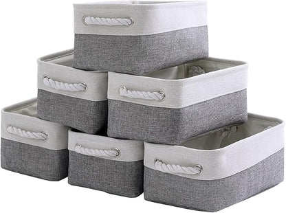 TheWarmHome Small Storage Baskets for Organizing,Storage Baskets for Shelves,Small Fabric Storage Bins W/Handles For Closet Nursery Toy Decorative Foldable (White&Grey, 11.8L*7.9W*5.2H-6 Pack)