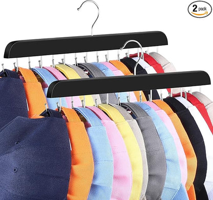Dntorx Hat Hangers for Closet, 2 Pack Hat Organizer for Baseball Caps with 14 Hooks Space Saving Hat Racks Ball Caps Hat Holder Organizer Tie Belt Hanger for Closet Storage Solution (Black)