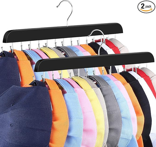 Dntorx Hat Hangers for Closet, 2 Pack Hat Organizer for Baseball Caps with 14 Hooks Space Saving Hat Racks Ball Caps Hat Holder Organizer Tie Belt Hanger for Closet Storage Solution (Black)