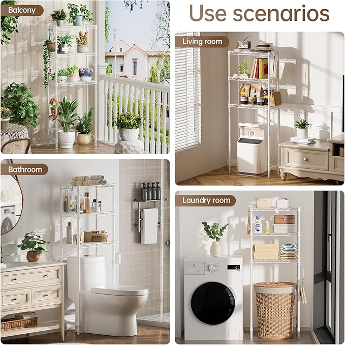 Golpart Over The Toilet Shelf,3-Tier Adjustable Freestanding Metal Bathroom Organizer Shelves with Toilet Paper Holder & Hooks,Space-Saving for Narrow Small Bathroom,10”D x 24”W x 66”H,White