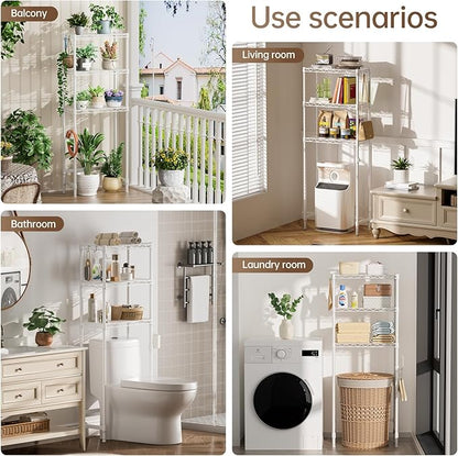 Golpart Over The Toilet Shelf,3-Tier Adjustable Freestanding Metal Bathroom Organizer Shelves with Toilet Paper Holder & Hooks,Space-Saving for Narrow Small Bathroom,10”D x 24”W x 66”H,White