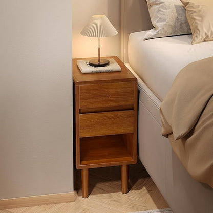 Narrow Nightstand 2 Drawers with Open Shelf Narrow Night Stand Solid Wood Bedside Table Mid Century Modern Nightstand Wooden End Table for Bedroom, Living Room, Study, Office