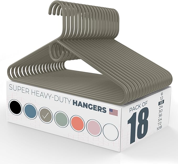 Neaties Super Heavy Duty Clothes Hangers 18 Pack – Made in The USA - 10lb Capacity, Thick Plastic Hangers for Pants, Coats, Jackets, Jeans and Adult Clothing – Gray