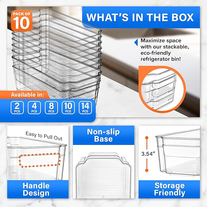 Lifemaster Multi-purpose Refrigerator Bins - 14 pieces Usable and Stackable Design Fridge Bin Organizer with Easy Grip Handles - Clear