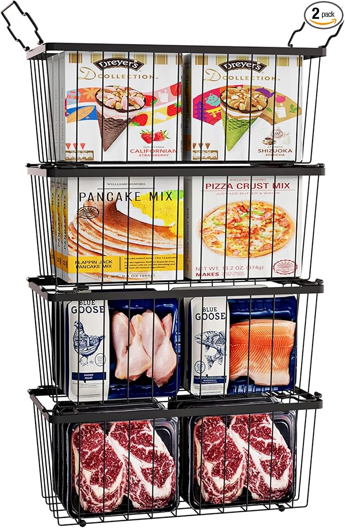 Stnopw 4Pcs Freezer Organizer Bins,Stackable Freezer Storage Containers,Deep Freezer Organizer Bins Effectively Classify Food,Foldable Side Handles freezer organizer bins for Extra Storage Space