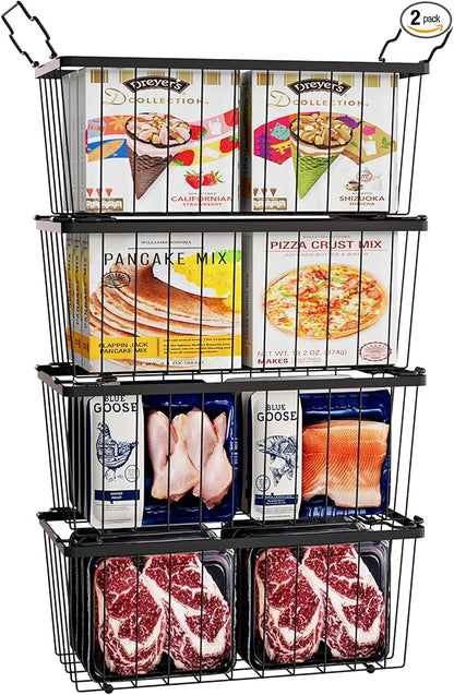Stnopw 4Pcs Freezer Organizer Bins,Stackable Freezer Storage Containers,Deep Freezer Organizer Bins Effectively Classify Food,Foldable Side Handles freezer organizer bins for Extra Storage Space