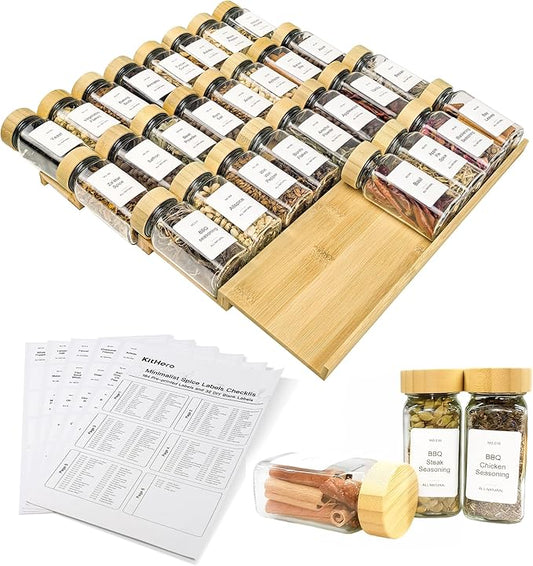 KitHero Spice Drawer Organizer with 28 Bamboo-lidded Spice Jars,216 Labels,25 Non-slip Rubber, Bamboo 4 Tier Seasoning Rack Tray Insert for Kitchen Drawers,Cabinets,Countertop,14.6" Wide x 15.8" Deep