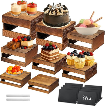 8PCS Wooden Buffet Risers and Stands with Reusable Table Signs, stackable Cube Rustic Wood Food Risers for Buffet Display, Cupcake Holder, Cupcake Stand, Dessert Table Display Set, 8PCS
