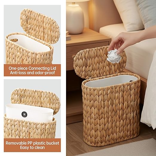 3 Gallon Wicker Trash Can with Lid and Liner,Small Bathroom Trash Cans,Woven Rattan Narrow Waste Basket for Bedroom,Home Office,Natural Water Hyacinth