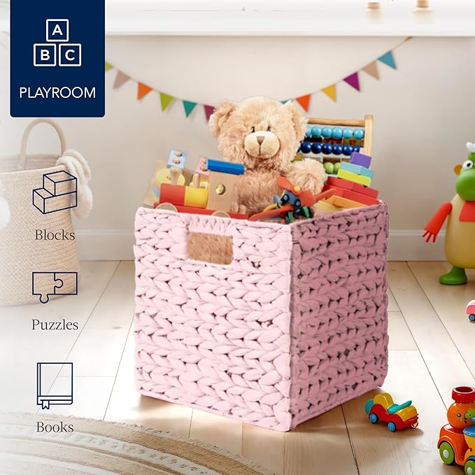 Best Choice Products 10.5x10.5in Pack of 5 Cube Storage Baskets, Water Hyacinth Multipurpose Collapsible Organizers, Handwoven Toy Storage Totes for Kids Room, Nursery & Living Room - Pink