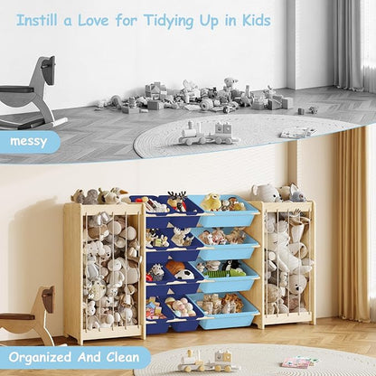 Large Toy Storage Organizer, Wooden Stuffed Animal Storage & 12-Bins Toy Organizer, Double-Sided Plush Toy Holder Featuring Thicker Ropes, Space Save Playroom Nursery Bedroom Storage, Blue