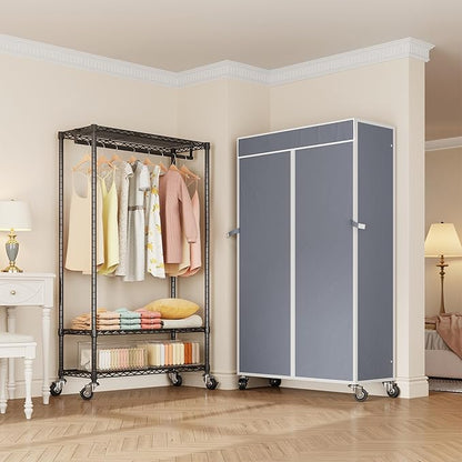 H4 Heavy Duty Clothes Rack with Cover, Rolling Garment Rack on Wheels, Portable Closet for Hanging Clothes, Black Clothing Rack with Grey Cover, Max Load 380LBS