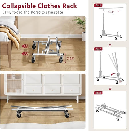 Tajsoon Heavy Duty Clothes Rack Foldable Garment Rack with Wheels and Extendable Rod, Freestanding Clothing Rack for Hanging Clothes, Adjustable ＆ Collapsible Rolling Racks with Bottom Shelf, Chrome
