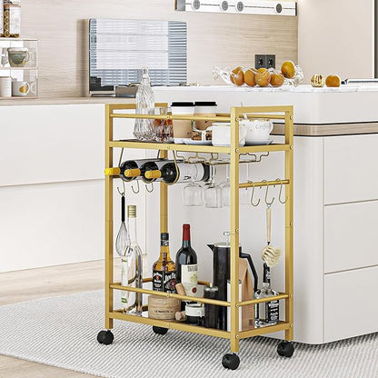 Home Bar Serving Cart, Bar Cart with 2 Mirrored Shelves, MicrowaveCart, Rolling Beverage Cart, Mobile KitchenCart with Wine Rack, Drink Cart for Dinning Room, Living Room, Kitchen, Gold