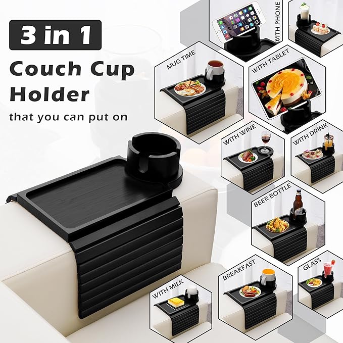 Couch Cup Holder Tray, 3 in 1 Large Couch Arm Trays,Bamboo Chair Clip on Tray with 360° Ratated Phone Holder for Couch,Armrest Tray for Snacks,Remote,Phone