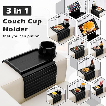 Couch Cup Holder Tray, 3 in 1 Large Couch Arm Trays,Bamboo Chair Clip on Tray with 360° Ratated Phone Holder for Couch,Armrest Tray for Snacks,Remote,Phone