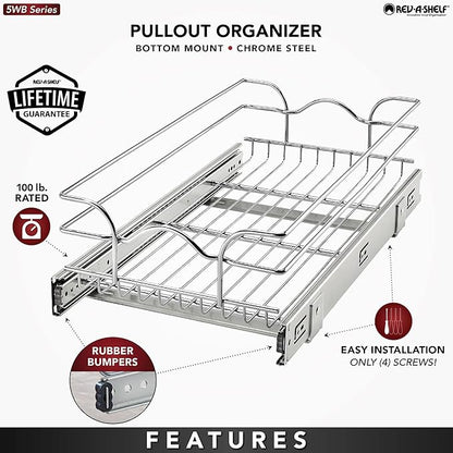 Rev-A-Shelf Pullout Kitchen Cabinet Drawer and Rolling Organizer Cabinet Pantry Storage Basket in Multiple Sizes, 12 x 22 in, 5WB1-1220CR-1