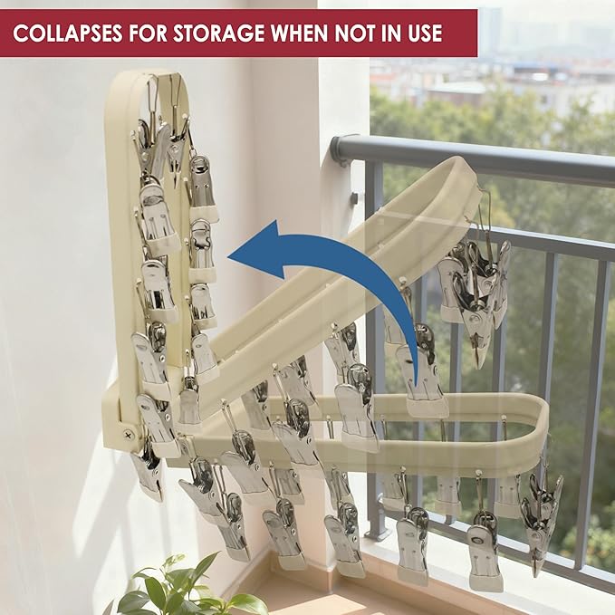 Foldable Laundry Drying Rack with 15 Clips, Wall Mount Suction Cup Hanger for Socks Undergarments Towels, Space Saving Clothes Organizer, Cream White