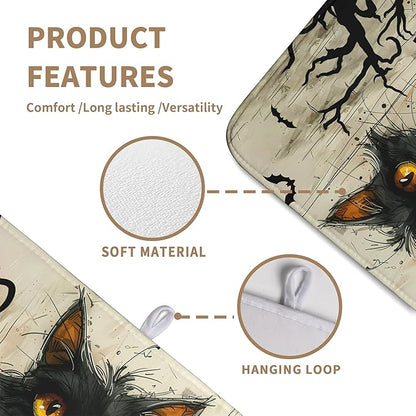 Wnoesat Black Cat Fall Pumpkin Dish Drying Mat 18x24 - Super Absorbent Drying Pads for Kitchen Counter - Happy Halloween Bat Branch Large Microfiber Dishes Drying Mats