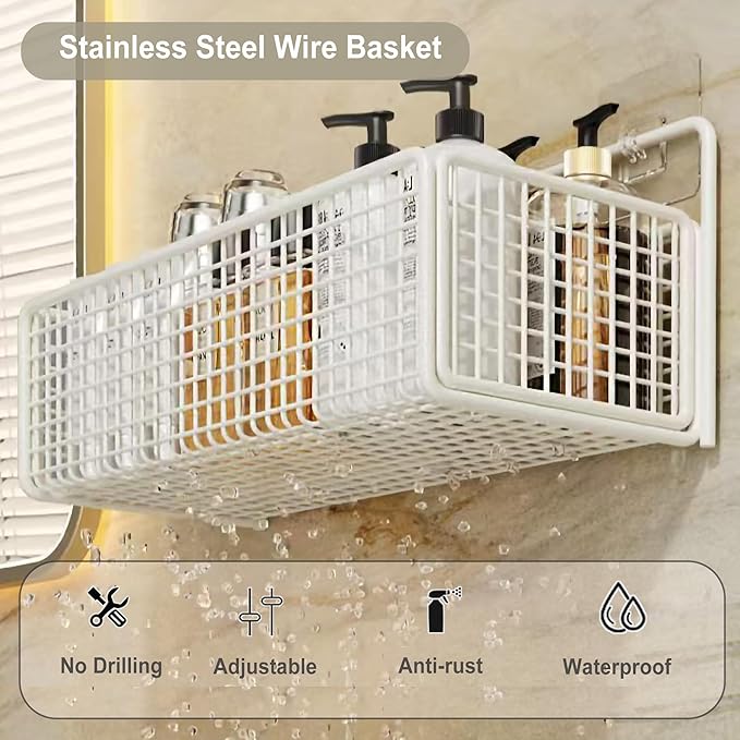 2 Pack Hanging Wall Wire Baskets,Metal Wire Storage Bin Rack for Kitchen Bathroom Shower Spice Shelf (White)