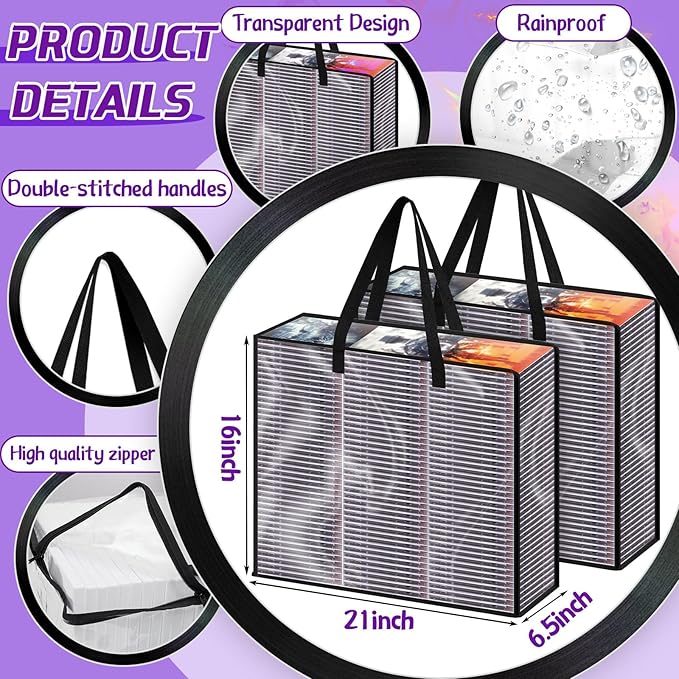 Buryeah 2 Packs Extra Large DVD Storage Bags, Storage Case Holder Organizer Holds up to 360 DVDs Clear Plastic Bags Video with Carrying Handles and Zipper, Media Organizer for Movie VHS(Clear)