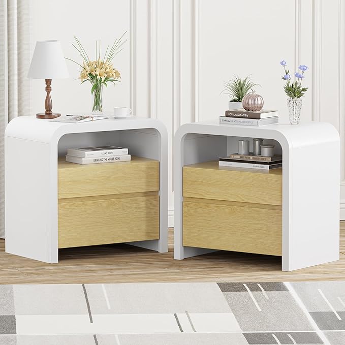 HOCAT 24" White Modern Nightstand Set of 2, Bedside Table with Curved Anti-Collision Design, Large Night Stand with 2 Storage Drawers and Open Wood Shelf for Bedroom, Farmhouse Side Table, End Table