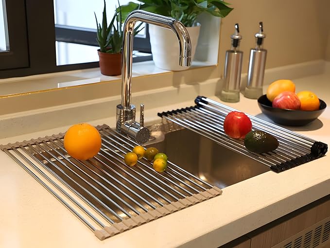 Roll up Dish Drying Rack Over The Sink Kitchen Roll up Sink Drying Rack Portable Dish Drainer Foldable Dish Drying Rack (Black, (47 * 30) CM)