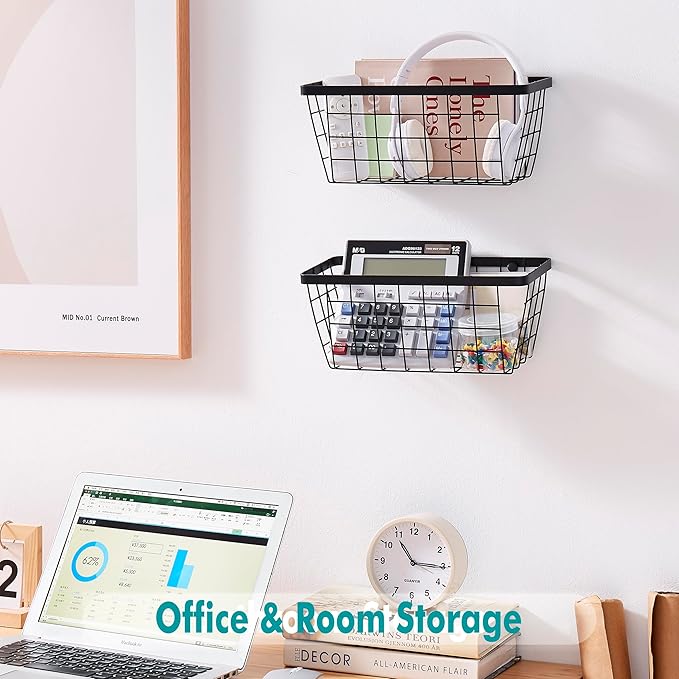LIGHT DUST Wall Hanging Baskets - 2 Black Baskets Set Wire Basket Metal Organizer Bins for Kitchen Pantry Cabinet Bathroom Shower Door RV [Included Adhesive Hooks & Wall Mounted Screws]