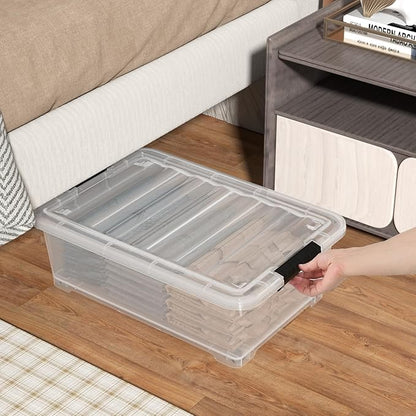 Zerdyne 20 L Plastic Underbed Storage Box with Wheels, 4-Pack Clear Latch Container for Under Bed