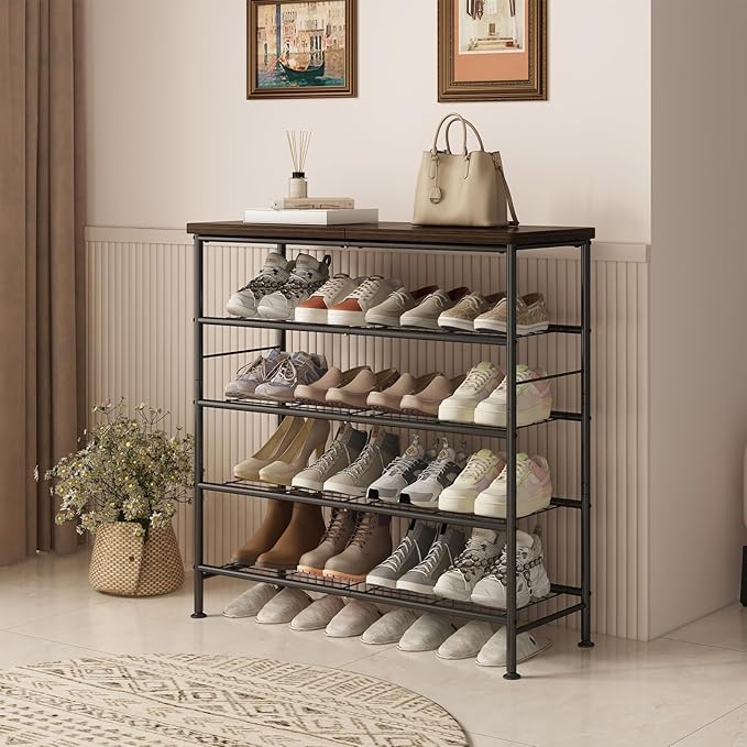 SUOERNUO Shoe Rack Organizer 5 Tier for Closet Entryway Free Standing Metal Storage Shoe Shelf with MDF Top Board，Black+Rustic Brown