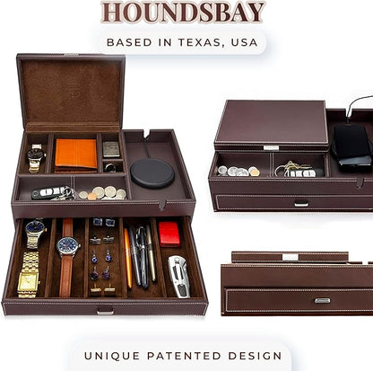 Mens Watch Box Leather Valet Tray - Bedside Table Organizer, Men's Jewelry Box, Watch Case for Men with Large Smartphone Charging Station - Jewelry Box for Men with Valet Box and Nightstand Organizer
