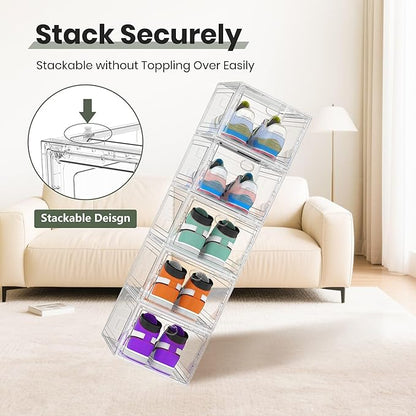 ALCCB Thicken Hard Clear Shoe Storage Organizer for Closet, 12 Pack Modular Plastic Stackable Shoe Storage Box Organizer, Shoe Sneaker Rack Display Case Containers Bins with Lids, White