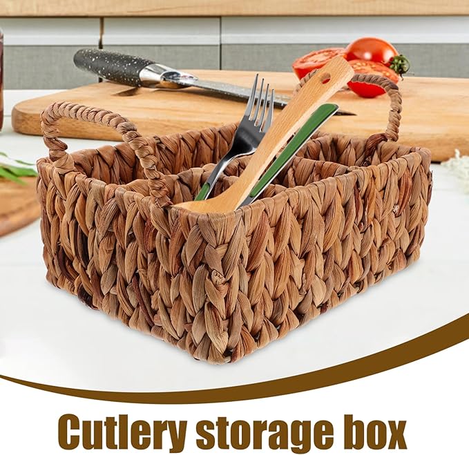 Hyacinth Woven Storage Basket for Cutlery Organization Rustic Tableware Holder for Home Kitchen and Picnics Versatile Sundries Basket with Compartments